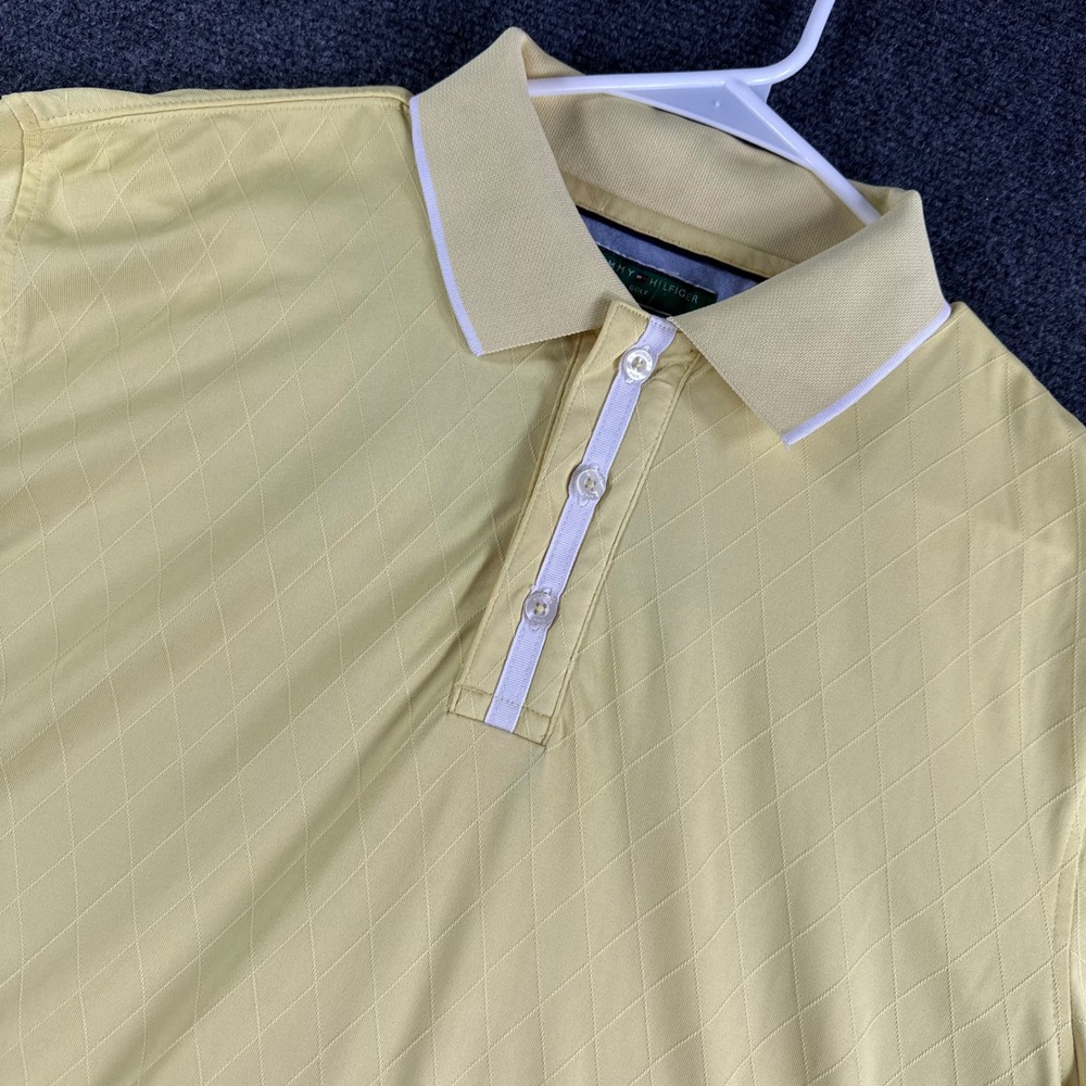 Tommy Hilfiger Polo Shirt Mens M Medium Yellow Diamond Jacquard Golf Casual